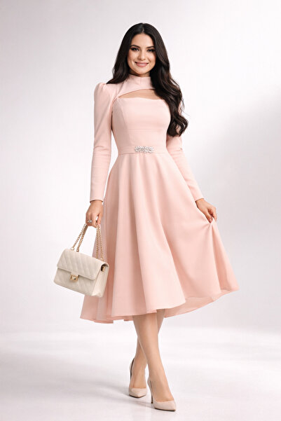 Stylish فستان ميدي بلون البيبي بينك بقصة صدر ناعمة