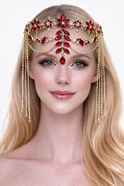 GlassySKY Coroană de henna cu piatră roșie pentru nuntă, petrecere de logodnă...