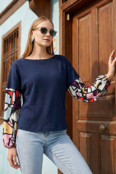 armonika Kadın Lacivert Kolu Renkli Salaş Bluz ARM-20K001085