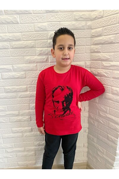 Hakem triko Tricou roșu cu mânecă lungă cu imprimeu Atatürk