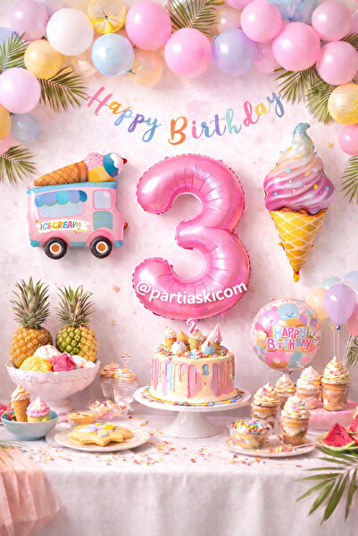 PARTİ AŞKI 3 Yaş Dondurma Temalı 5'li Balon Seti & Kız Çocuk-Bebek Ice Cream ...