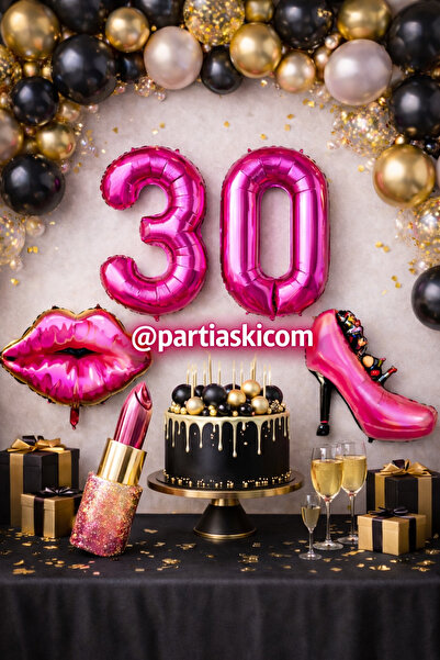 PARTİ AŞKI Fuşya & Mor 30 Yaş Doğum Günü Seti &Dudak -Stiletto - Ruj- 2 Adt R...