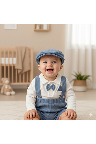 genybaby Erkek Bebek Askılı Salopet Takım Şapkalı Papyonlu 3’lü Kombin