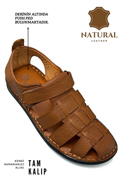 sermoda %100 Hakiki Deri Burnu Kapalı Erkek Sandalet Şırıngıl Taba