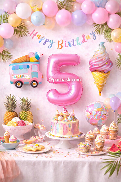 PARTİ AŞKI 5 Yaş Dondurma Konseptli 5'li Balon Seti & Kız Çocuk-Bebek Ice Cre...
