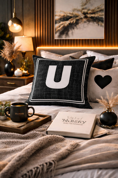 SasoHome Letter U - Διακοσμητικό Ψηφιακό Εκτυπωμένο Μαξιλάρι Ριχτάρι με Μαύρο...