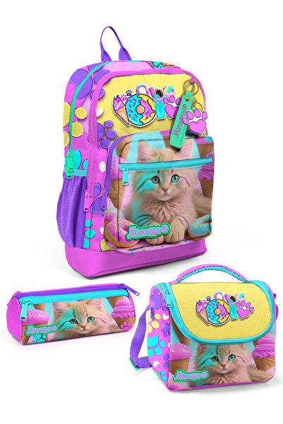 Minosso Kedi Desenli Kız Çocuk 3'lü Okul Çanta Seti Set1001