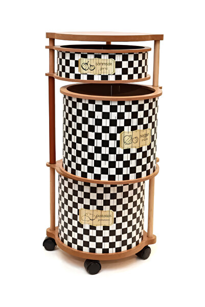 MİHMAN HOME Dama Desenli 3 Katlı Tekerlekli Çok Amaçlı Ahşap Patates Soğan Se...