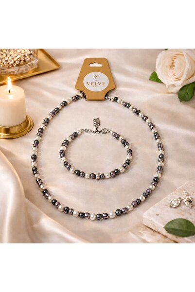 velve Set perle Mallorca, colier si bratara asortata, 4mm, Argintiu/Alb