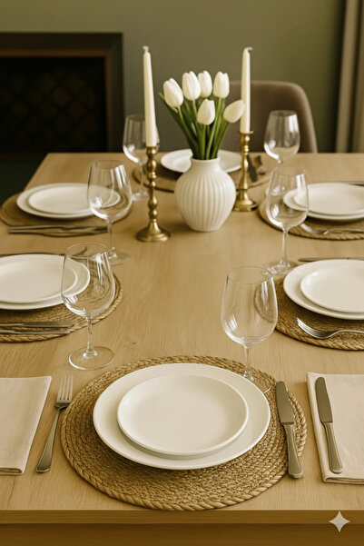 ZenGlow Hasır Jüt Supla 6’lı Set 35 cm Yuvarlak – Doğal Amerikan Servis – Boh...