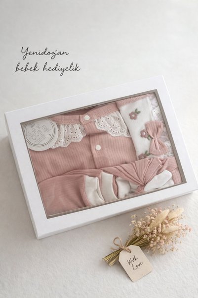 Arin Baby 5-Piece Bow Detailed Embroidered %100 Cotton Newborn Baby Girl Hospital Discharge Set/Baby Girl Bodysuit Set