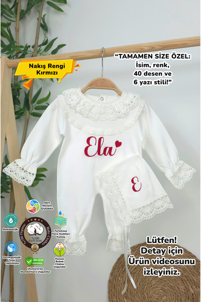 gros shop Yeni Doğan %100 Pamuk Dantelli Hastene Çıkış Tulum Seti (KİŞİYE ÖZG...