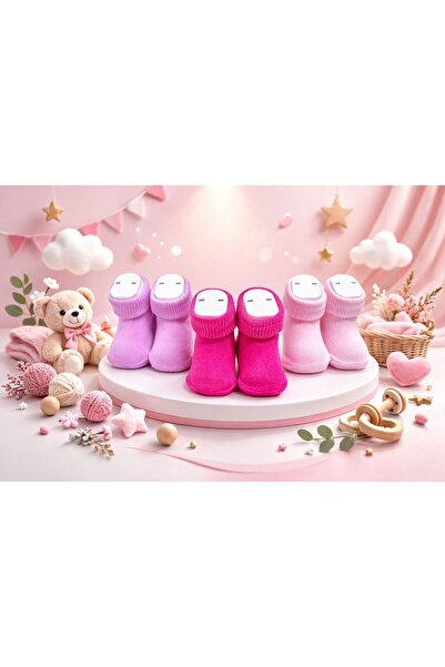 Akface Fabrikadan 3'lü Şeker Pink Organik Bebek Çorabı 0-2 Yaş