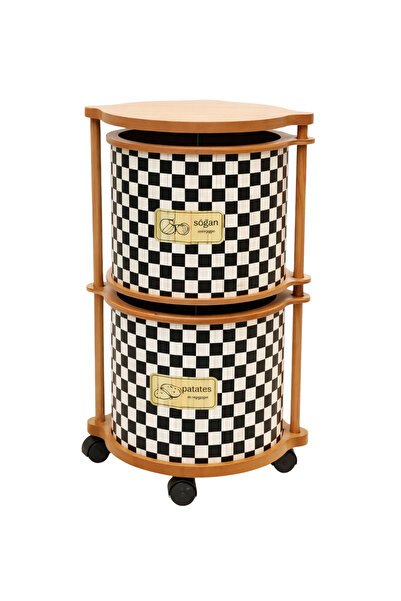 MİHMAN HOME Dama Desenli 2 Katlı Tekerlekli Çok Amaçlı Ahşap Patates Soğan Se...