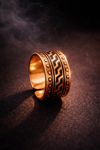 İyyaKee Men's Pure Copper Ring with Leather Line Pattern on Top, Adjustable M...