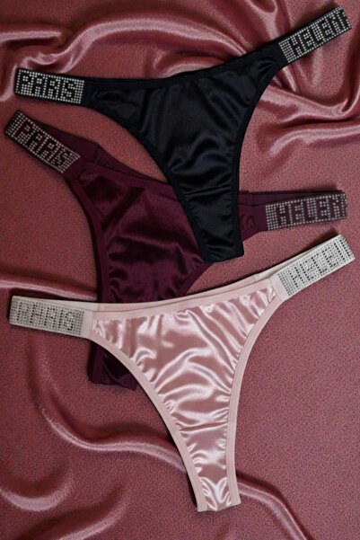 Pamiora Kadın 3'lü Taşlı Tanga Seti - Siyah Pembe Bordo Renkli Kristal Taş De...