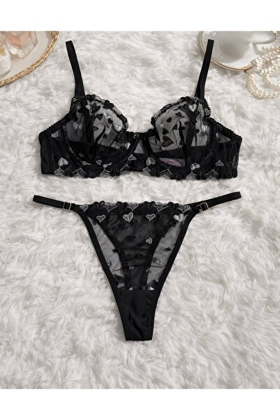 RUYAZ TEKSTİL Black Bra Set Transparent Heart Embroidered Bralette Thong