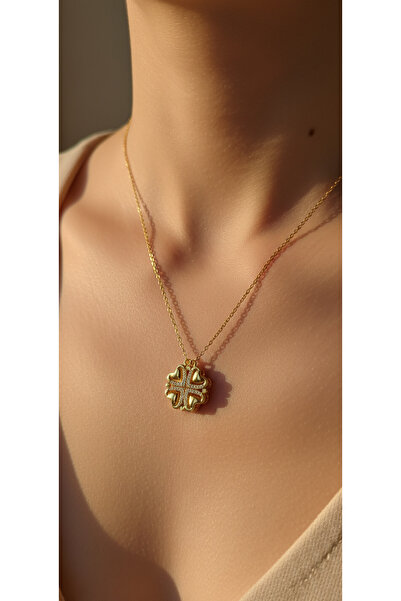 Sedoriam Yonca Görünümlü Kalp Detaylı Altın Renk Taşlı Kadın Kolye – Sevgilil...
