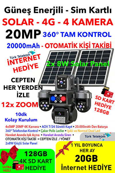 IDS 4 Lens 20MP Sim Kartlı Güneş Enerjili Güvenlik Kamerası 240GB İnternet ve...