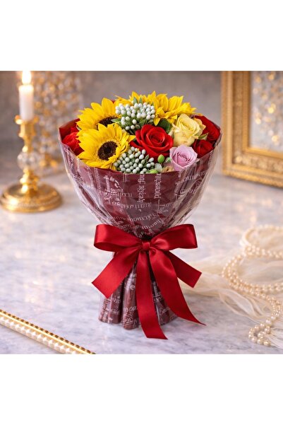 velve Aranjament Floral Buchet din trandafiri de sapun si floarea soarelui, r...