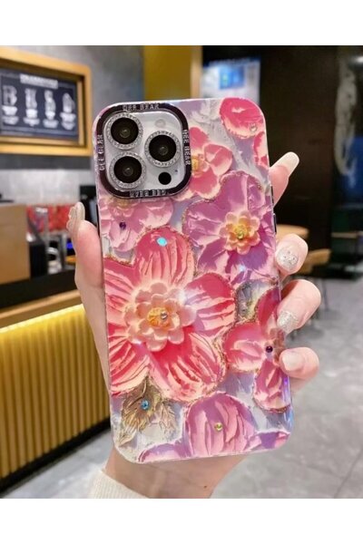 KILIF HOUSE حافظة بنمط زهرة وردية متوافقة مع آيفون مع واقي عدسة حجري