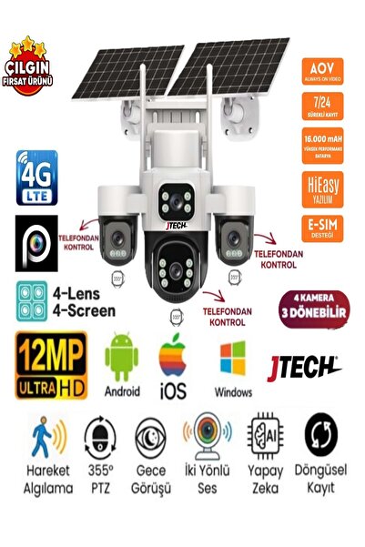 jtech Inox X24 3mp+3mp+3mp+3mp 12MP Aov e-Sim 4g 2xSolar Panelli 4 Kameralı 3...