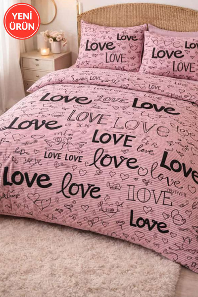 Sheri Home Tekstil Pink Love Çift Kişilik Cift Taraflı  Nevresim Takımı(ÇARŞA...