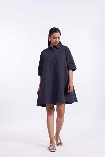 Elegant Lacivert Polo Yaka Kısa Kollu Yandan Cepli Elbise