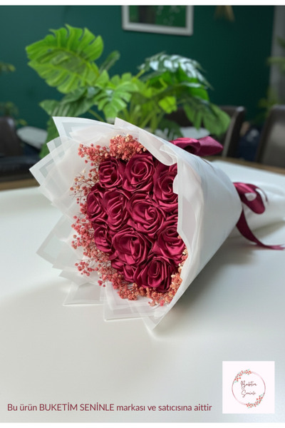 Buketim Seninle 11'li Fuşya Cipsolu Solmayan Gül Buketi, Saten Çiçek, Sevgili...
