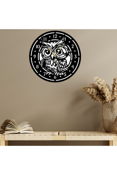 OEM Ceas de perete bufniță - lemn negru/MDF, diametru 30 cm, decorațiune eleg...