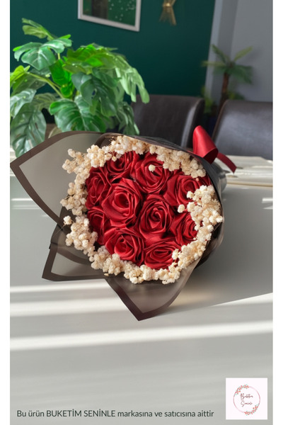 Buketim Seninle باقة من 10 وردات حمراء لا تذبل مع زهور الشيبس، هدية للحبيب، ز...
