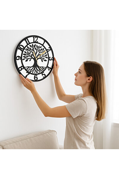 OEM Ceas de perete Copacul Vieții, lemn MDF alb/negru, 30 cm, design elegant,...