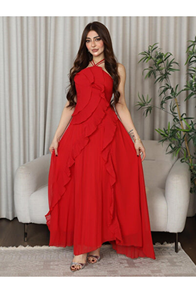Nice Model Red Halter Neck Evening Dress Ruffle Maxi Gown Formal Party Dress ...