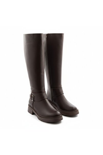 Deridün Yıldız Shoes حذاء نسائي طويل بإبزيم من الجلد الطبيعي باللون البني