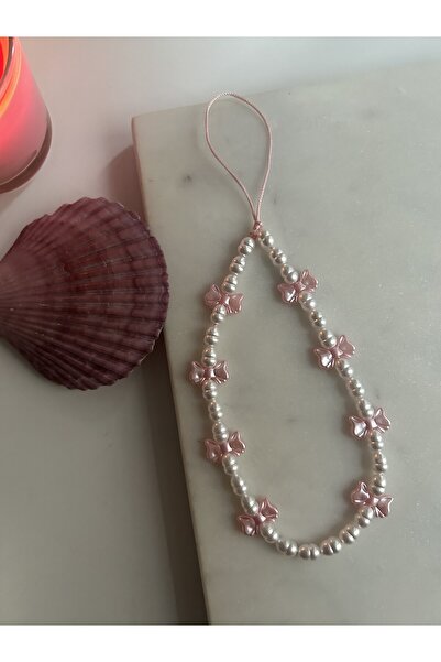 Leorat Store İnci Telefon Charm Toz Pembe Kurdeleli Telefon İpi Çanta Süsü