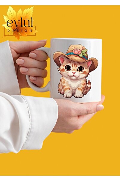 Eylül Design Cute Cat in the Hat Themed Special Design Printed Mug Cup Gift Cup