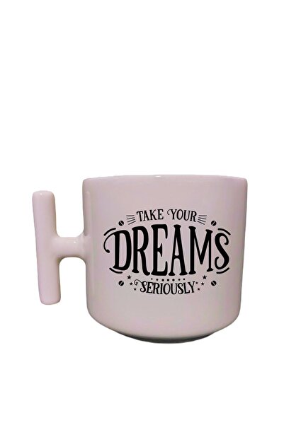 Eylül Design Cream Color T-Handle, Fun Text, Special Design Printed T Mug Lat...