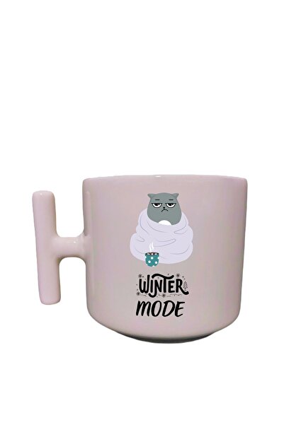 Eylül Design Kedili Winter Mode Yazılı Krem Rengi Eğlenceli Esprili Özel Tasa...