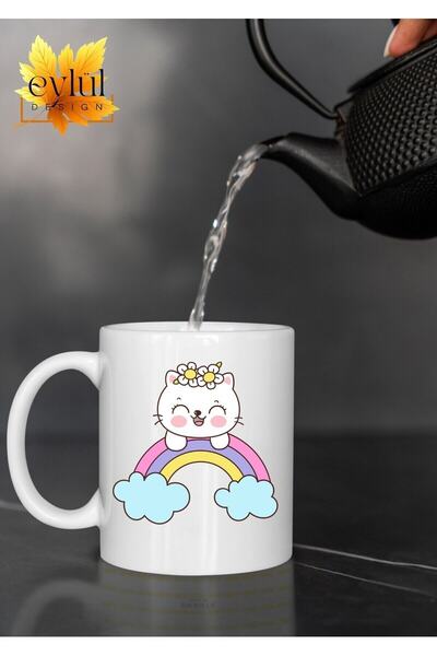 Eylül Design Floral Cat Themed Cute Special Design Printed Mug Cup Gift Cup