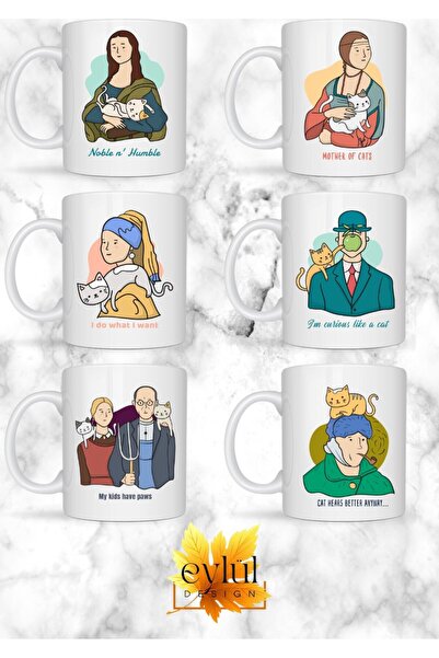 Eylül Design Art and Cats Series 6 Pieces Special Design Printed Mug Cup Gift...