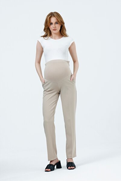 KATLİN MATERNİTY WEAR Hamile Bej Kumaş Pantolonu Beli Ayarlanabilir Double Kumaş