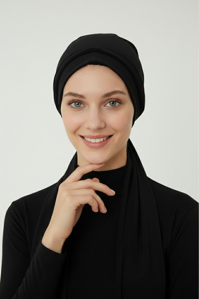 elysianfidan Tie-On Black Ready-To-Wear Turban Hijab Cap Suitable for Medical Use