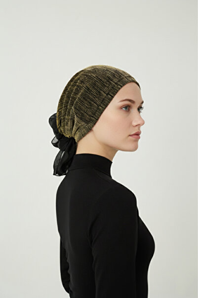 elysianfidan Luxury Nova Black-Gold Ready-To-Wear Turban Hijab with Chiffon D...