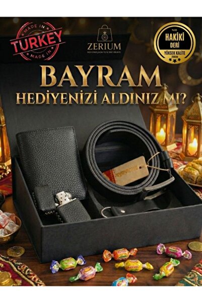 ZERİUM Set cadou pentru bărbați din piele naturală - Portofel, curea, brichet...