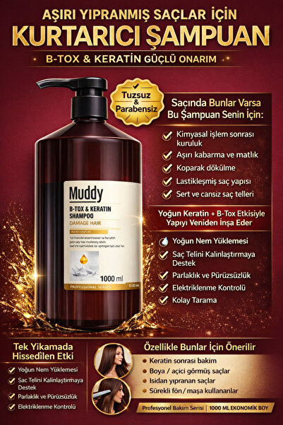 Muddy B-tox&keratin Onarıcı Saç Şampuanı 1000 ml 8697426731780