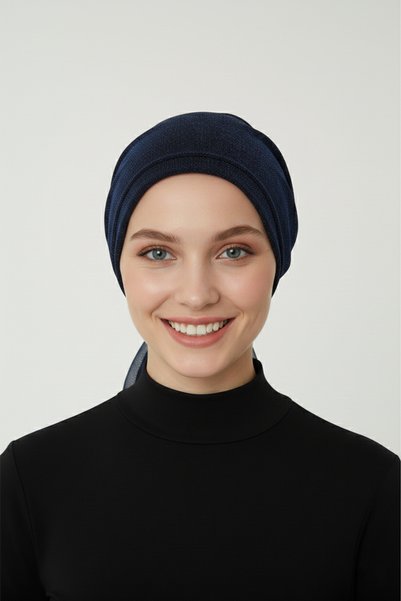 elysianfidan Luxury Nova Navy Blue Ready-To-Wear Turban Hijab with Chiffon Detail on the Back, Suitable for Medical Use