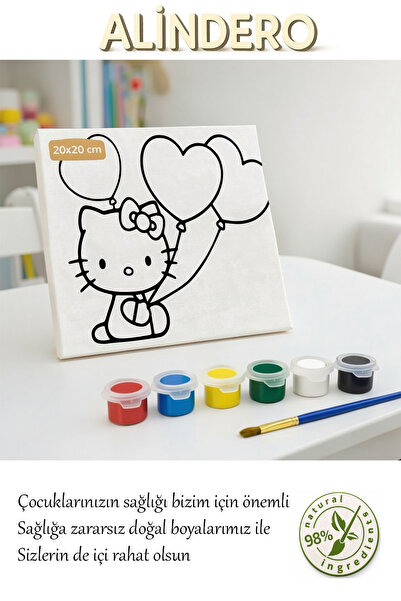 Alindero Çocuk boyama tuval seti HELLO KİTTY KALP 6 lı akrilik boya + fırça +...