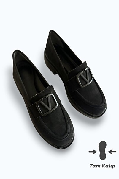 Noliva حذاء نسائي من جلد الغزال الأسود بمشبك كاجوال بنعل مريح