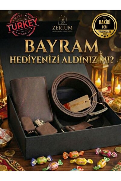 ZERİUM Set cadou pentru bărbați din piele naturală - Portofel, curea, brichet...