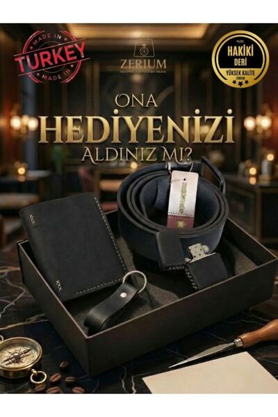 ZERİUM Set cadou pentru bărbați din piele naturală - Portofel, curea, brichet...